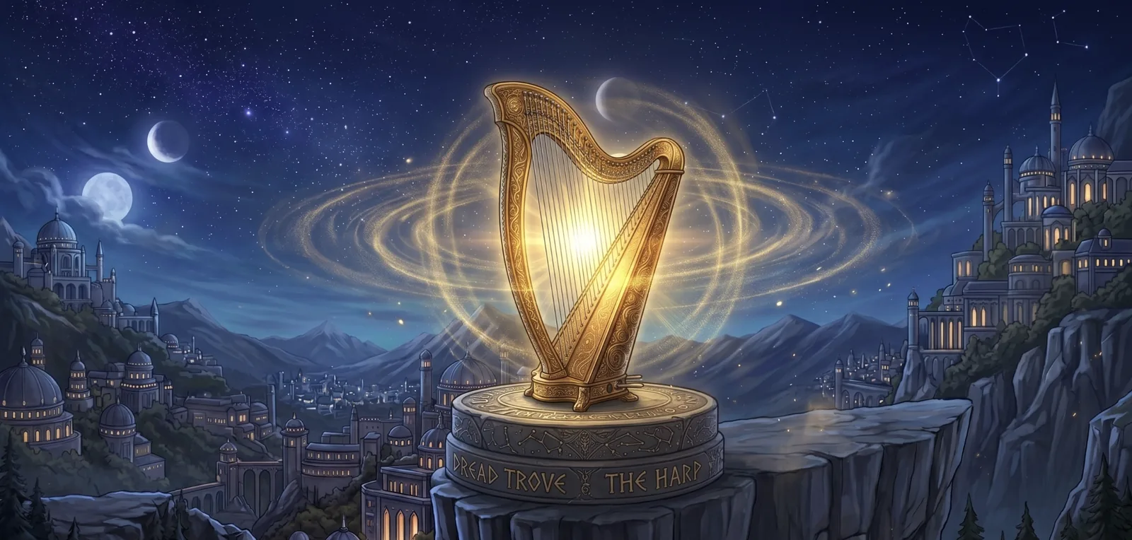The Harp — a shimmering silver instrument etched with ancient symbols, its twenty-six strings each attuned to a different law of space and time.